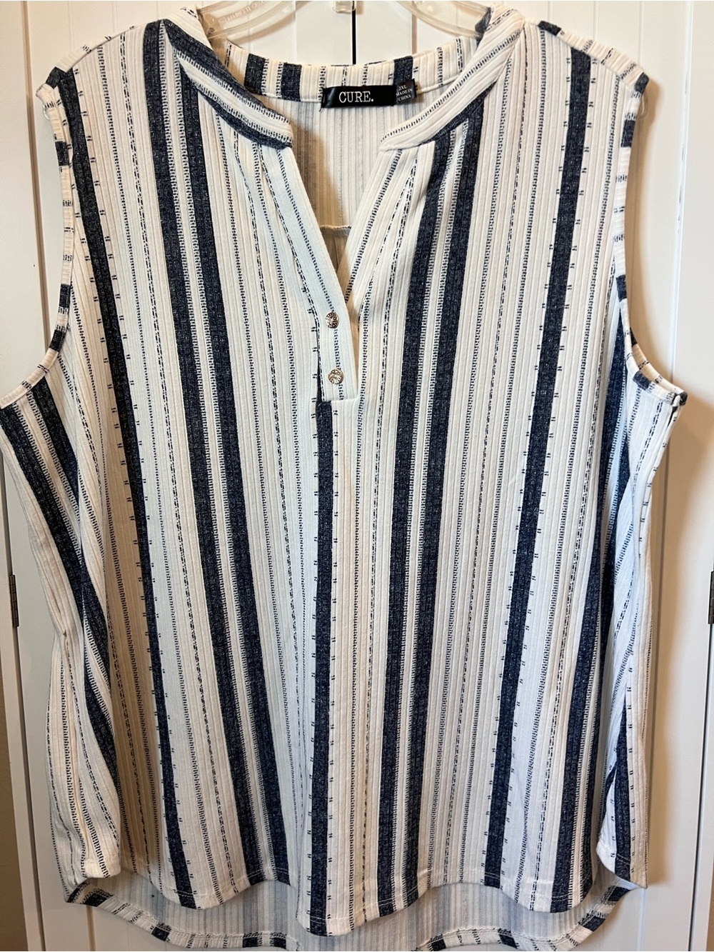 CURE Navy and White Striped Sleeveless Henley Blouse